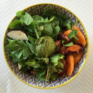 Dinner salad (8 ounces) with chopped pea greens, black radish, hearts of palm, rainbow carrots and topped with arugula pesto (2 tablespoons)