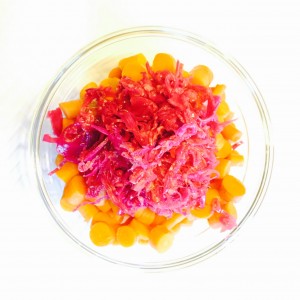 MBG - Lunch Carrots, fermented red cabbage, on top of steelhead trout
